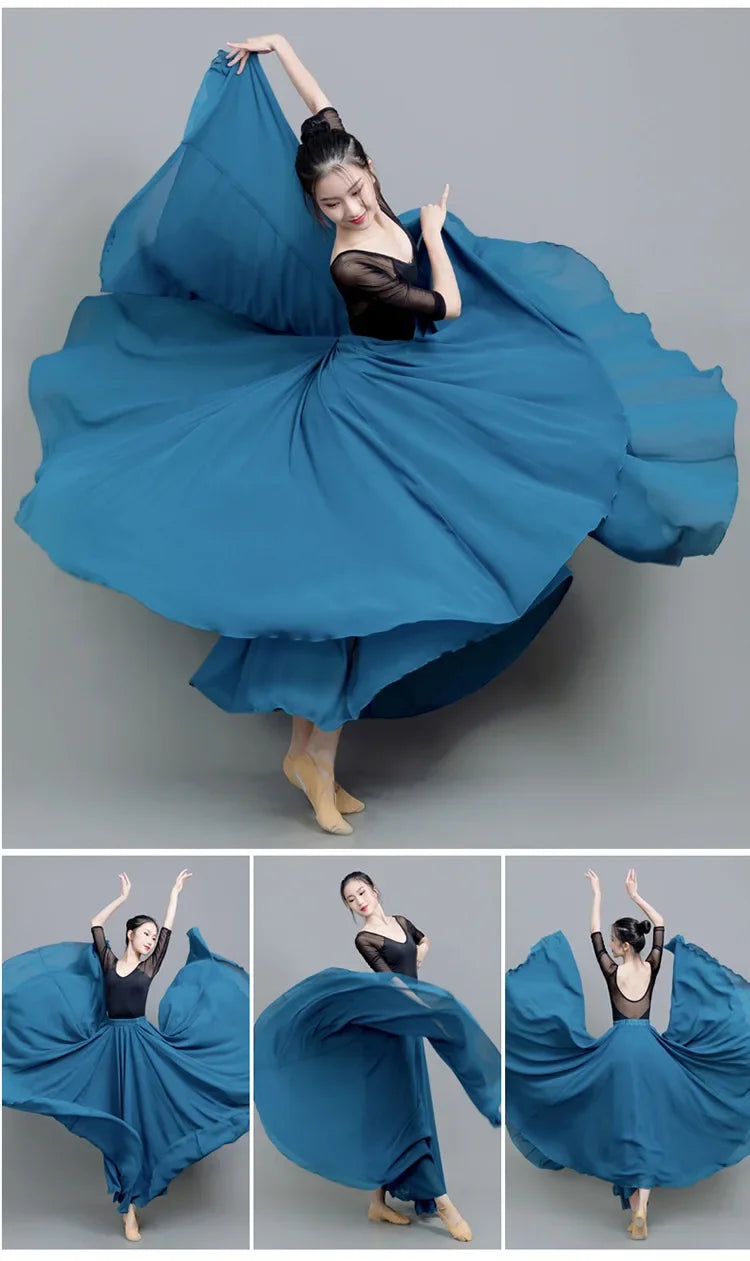 720 Degree Wide Dancing Skirt Chiffon Double Layer Semi-Long Dress Women's Solid Color Xinjiang Dance Skirt