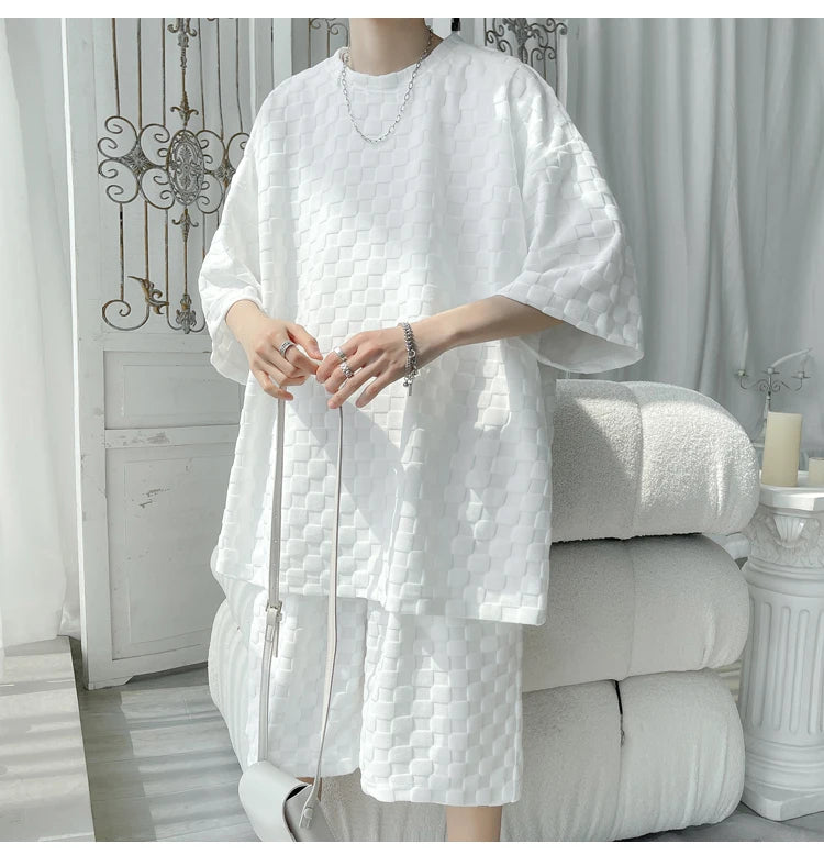 Men's Set Fashion Summer Loose Casual Plaid T Shirts And Shorts High Quality Korean Luxury Clothing Men's Clothes Big Size 5XL-M