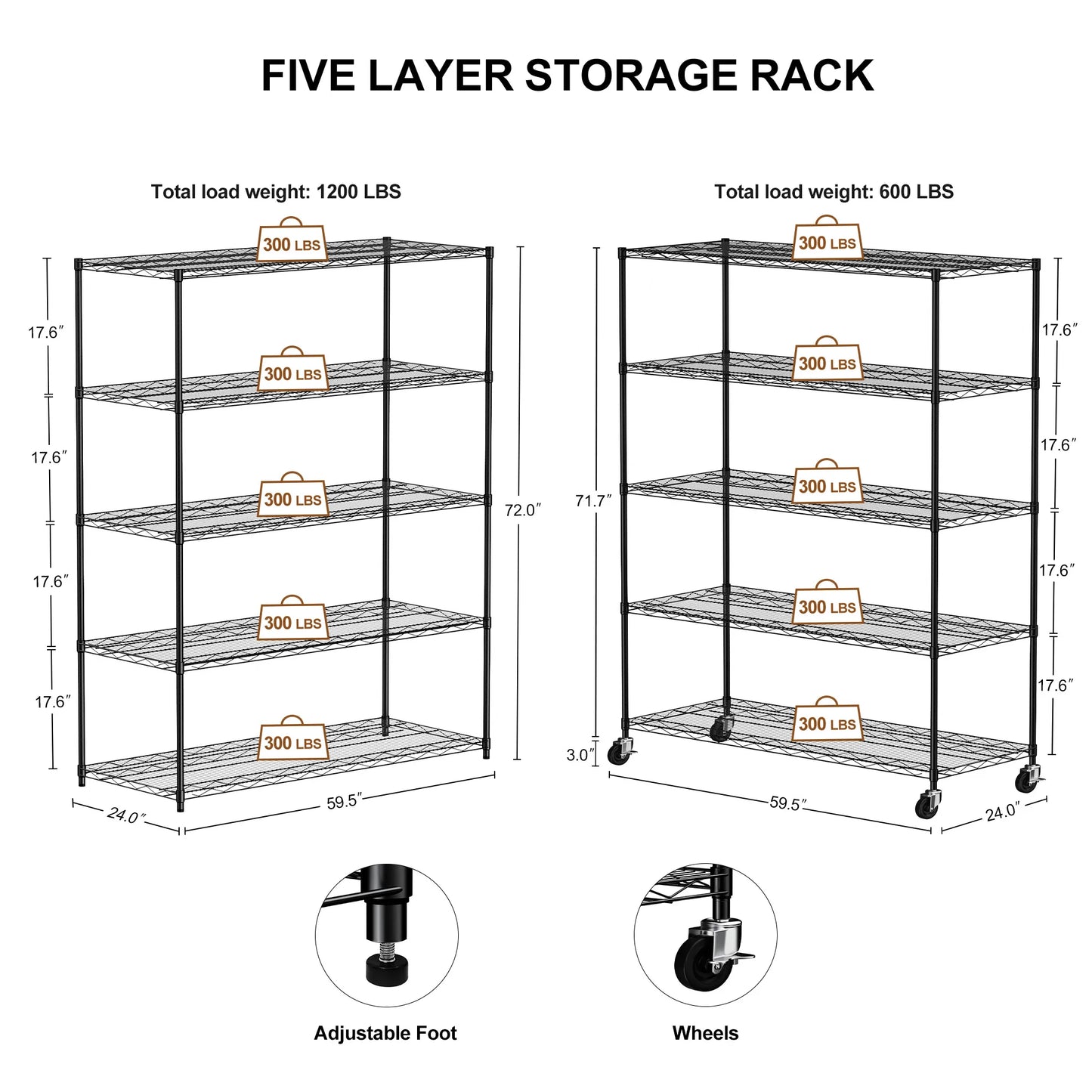 Warehouse supermarket kitchen other 5-layer heavy-duty adjustable shelves with wheels  adjustable feet  frame bearing 300 pounds