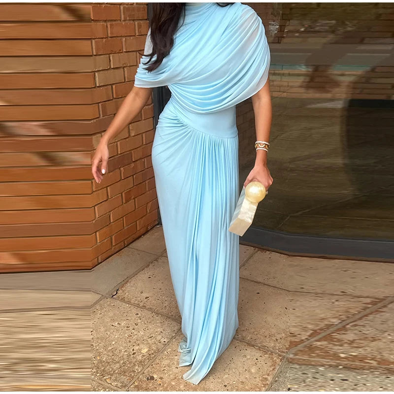 Shawl Long Dress Women Elegant Asymmetrical Chiffon Pleat Slim Waist Maxi Dresses 2025 Summer New Female Evening Party Prom Gown