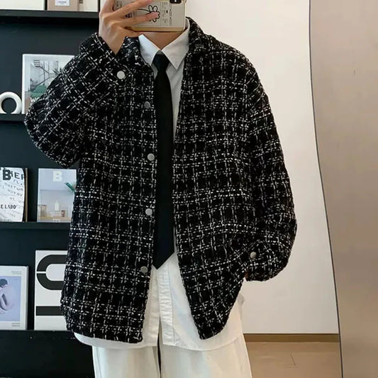 Men's Spring/Autumn/Winter Woolen Tweed Slim Fit Collarless Jacket with Color Blocking Design for a Youthful Look