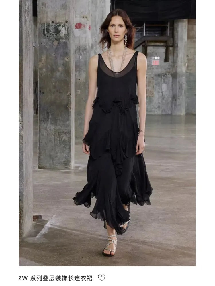 TRAF Tierred Long Dress Women Summer Sexy Backless Sleeveless Female Tulle Lightweight Midi Dresses Female Chic Dresses