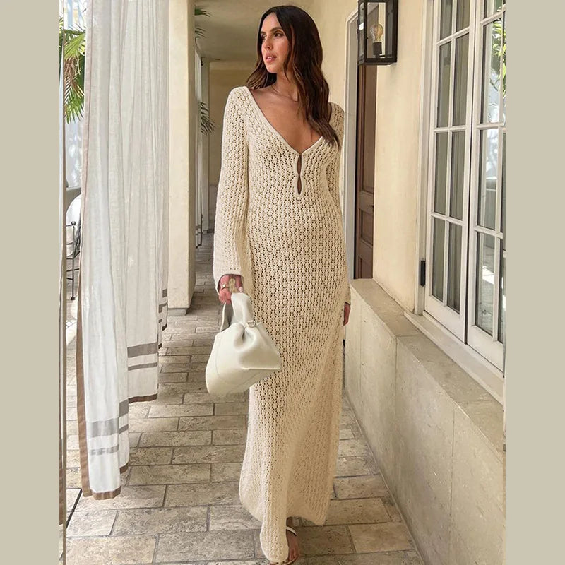 Sexy Cover Up Long Sleeve Long Dress Women Backless Beach Wear Bathing Suit Knitting Swimwear knitted Beach Dress Tunic Robe