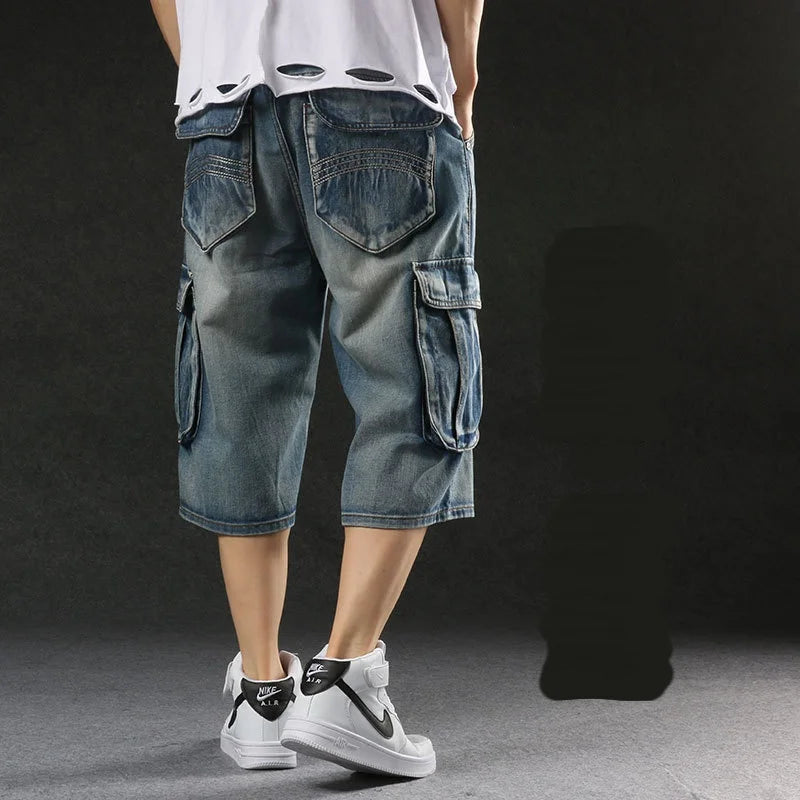 2025 new European and American multi pocket workwear seven quarter denim shorts for men with wide legs and loose denimt