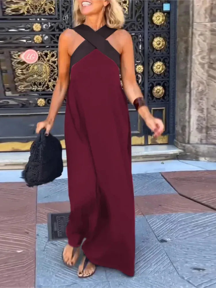 Summer Casual Loose Beach Dresses Fashion Off Shoulder Multi-color Holiday Dress 2025 New Women Halter Color Blocked Long Dress