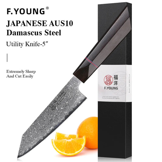 F.YOUNG 5" Japanese Kitchen Utility Knife Damascus Professional Chef Knife Peeling Paring Fruit Vegetable Meat Cooking Tools