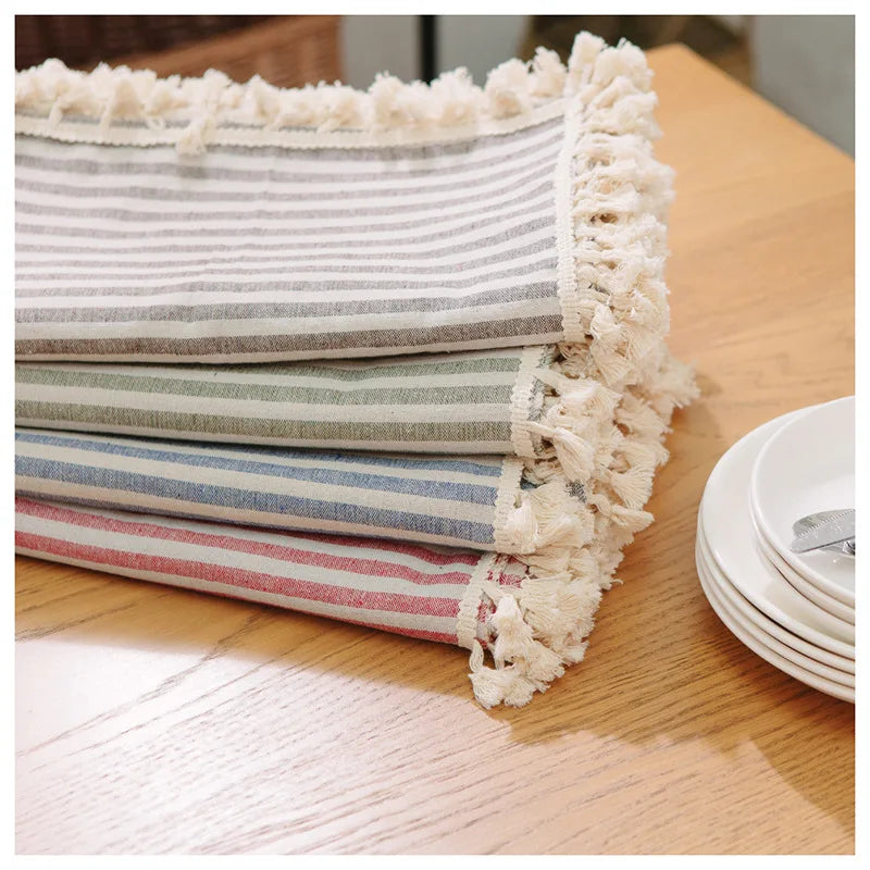 CFen A's Quality Dining Tablecloth Rectangle Cotton Linen Stripe Print Table Cloth Tassels Home Kitchen Banquet Table Cover 1pc