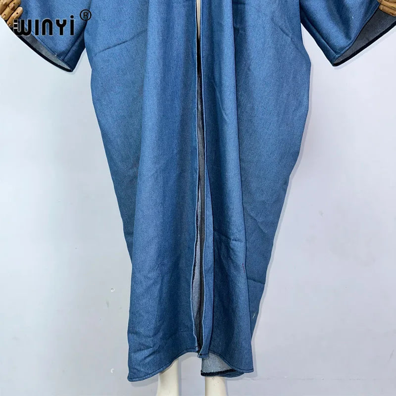 WINYI Embroidered soft denim cardigan Women coat Loose Long Dress elegant Party Boho maxi beach Holiday Swimming Cover Up Kimono