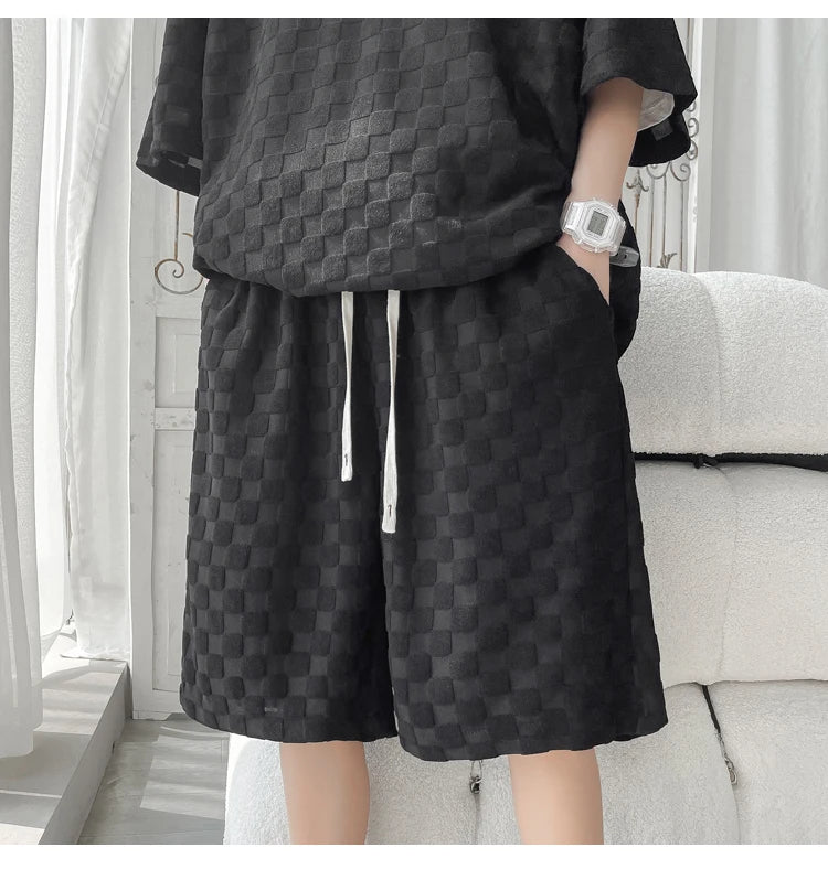 Men's Set Fashion Summer Loose Casual Plaid T Shirts And Shorts High Quality Korean Luxury Clothing Men's Clothes Big Size 5XL-M