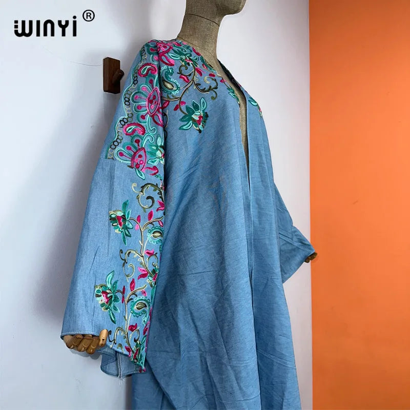 WINYI Embroidered soft denim cardigan Women coat Loose Long Dress elegant Party Boho maxi beach Holiday Swimming Cover Up Kimono