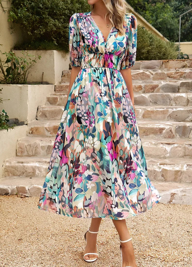 2024 Elegant High Quality Design summer long Dress Waist Cinching V-neck Print Elastic Waist Maxi  Dresses for Women Clothing