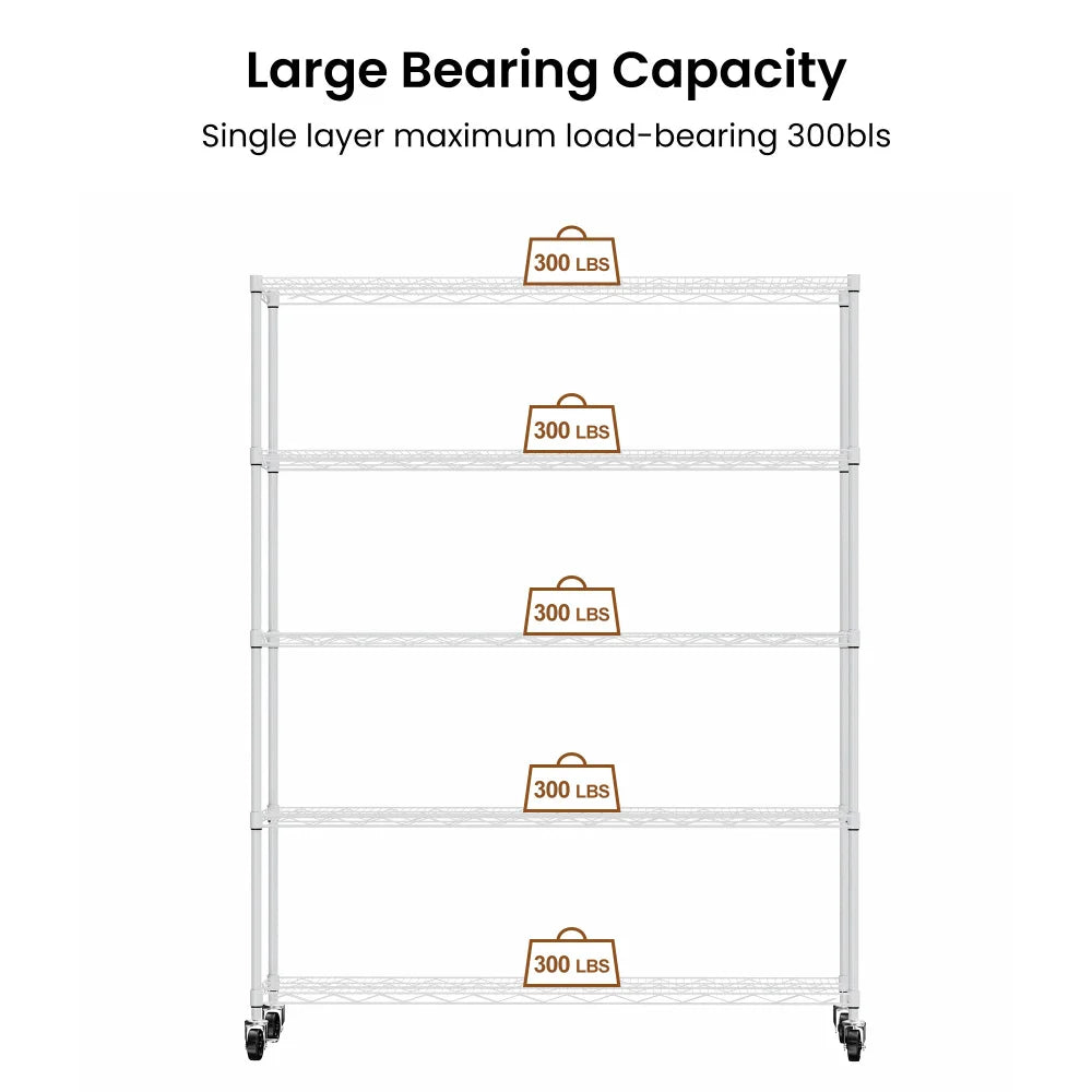 Warehouse supermarket kitchen other 5-layer heavy-duty adjustable shelves with wheels  adjustable feet  frame bearing 300 pounds