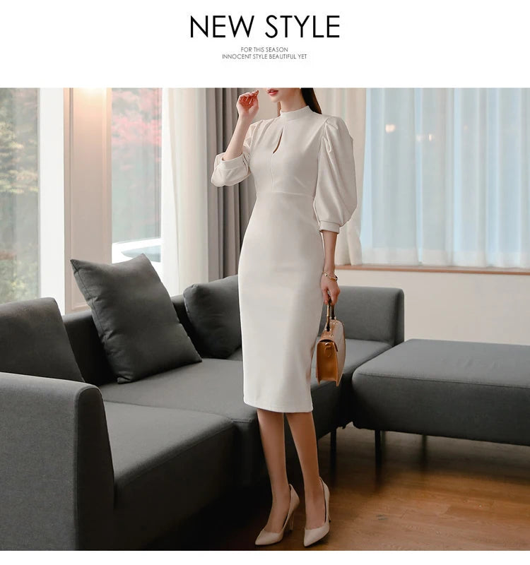 H Han Queen Hot sale Autumn Fashion Stand Collar Puff Sleeve Female Pencil bodycon Dress Slim Solid color Midi Casual Dresses