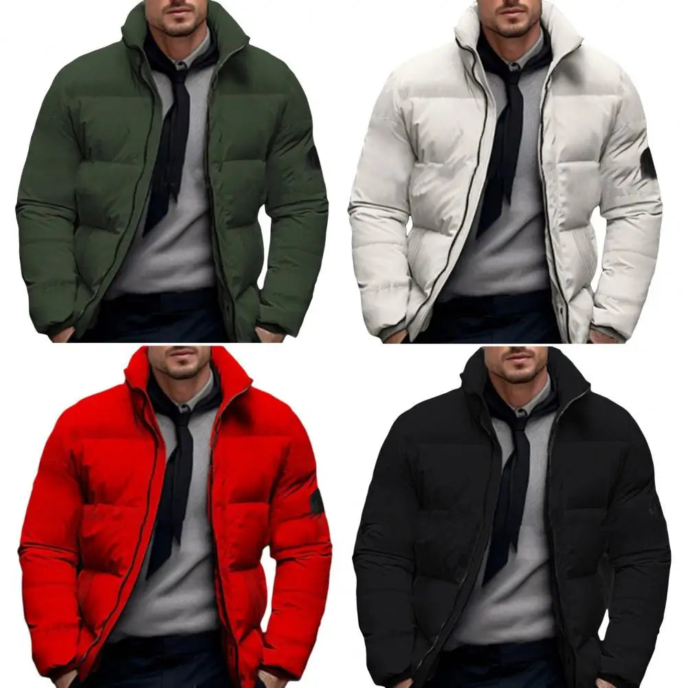 Men Quilted Jacket Solid Color Stand Collar Long Sleeve Zipper Closure Cotton Coat Thickened Jacket Down Cotton Puffer Outwear