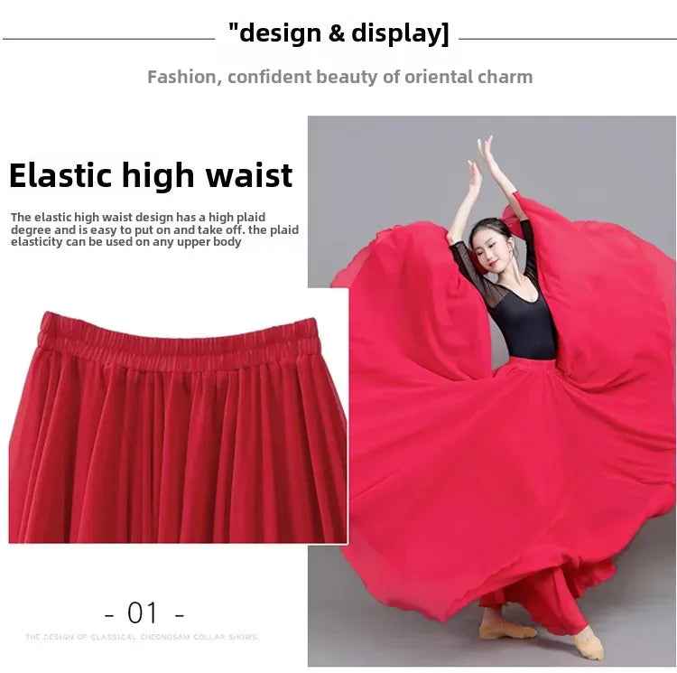 720 Degree Wide Dancing Skirt Chiffon Double Layer Semi-Long Dress Women's Solid Color Xinjiang Dance Skirt