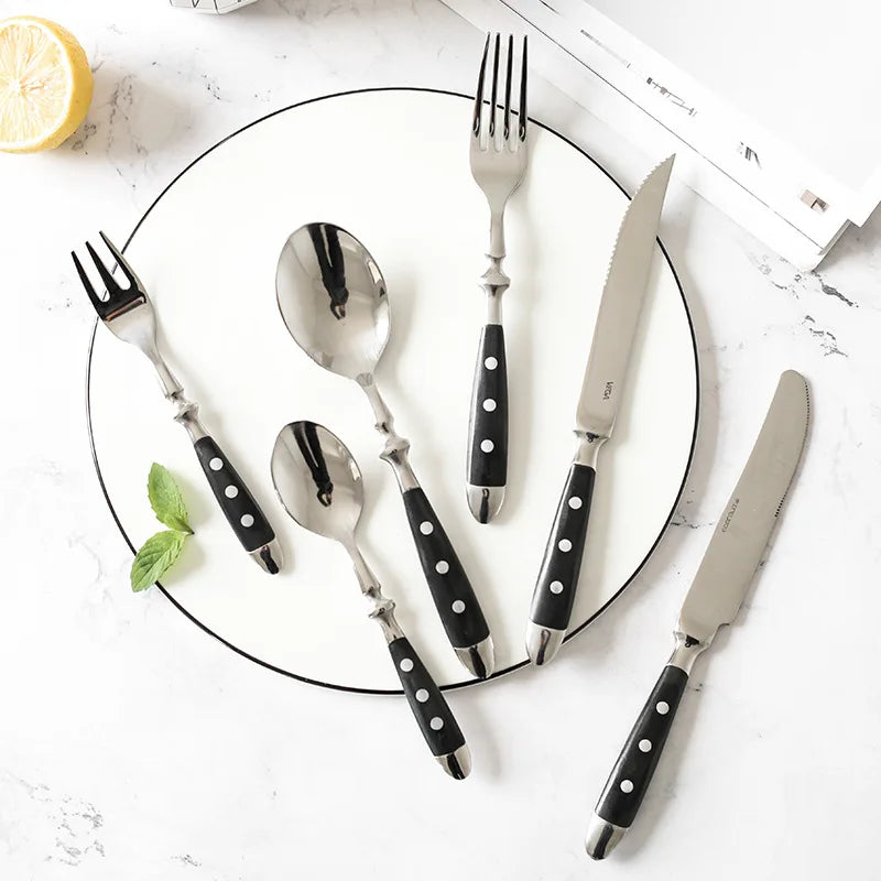 Western Stainless Steel Cutlery Set Creative Retro Steak Knife Dining Fork Spoon Dinnerware Set Rivets Handle Kitchen Tableware