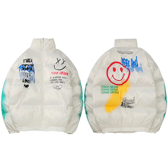 2025 Hip Hop Jacket Parka Happy Graffiti Print Men Windbreaker Streetwear Harajuku Winter Padded Jacket Coat Warm Outwear Thick