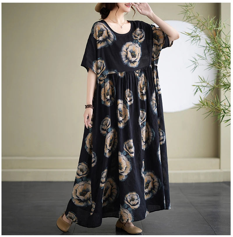 Oversized Summer Bohemian Style Long Dress Women Ruffle Pleated Fashion Flower Print Ladies Dresses Loose Casual Woman Dress