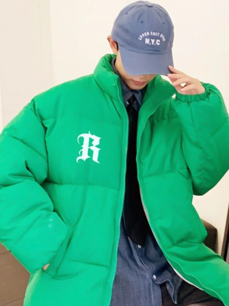 Gmiixder Men's Winter Punk Letter Parkas Hip Hop Oversize Thickened Down Jacket Oversize Padded Jacket Cool Bread Zipper Up Coat