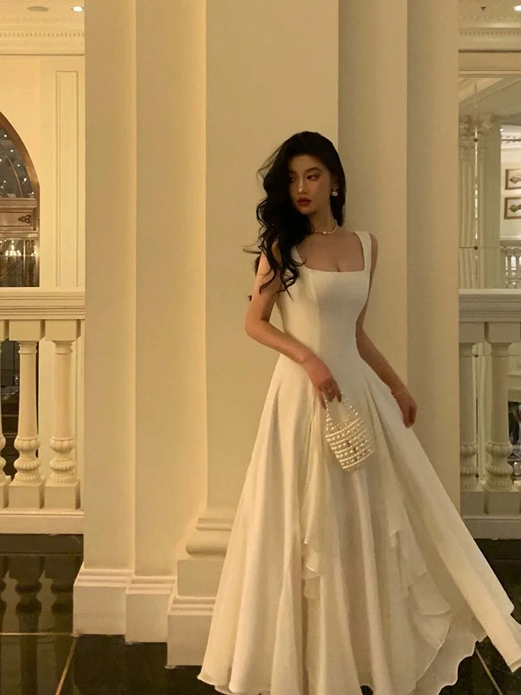 Summer Solid Elegant Camisole Long Dress Women Sweet Sleeveless A-Line Ruffles Fairy Dress Female Evening Party Vestidos Largos