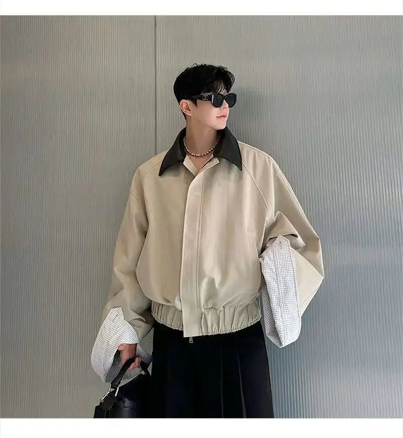 LUZHEN 2025 Spring Design Leather Collar Trendy Jacket Personalized Handsome Trendy Classy Versatile Color Contrast Tops LZ8146