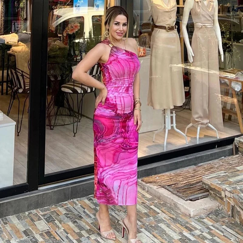 CUTENOVA Sexy Slash Collar Gradient Print Long Dress Summer Chic One-Shoulder Backless Party Dresses Sleeveless Hollow Slim Fit
