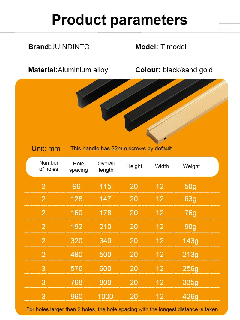 JUIDINTO 1pc Aluminium Cabinet Handle Pulls Black Handle 96-320mm Kitchen Drawer Handle for Furniture Wardrobe Closet