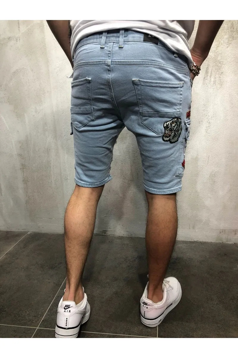 2025 Men's Summer Short Jeans High Stretch Fashion Casual Denim Shorts Male Slim Fit Elastic Badge Pockets Hole Shorts for Men