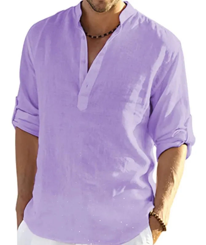 1pcs Summer Men Lightweight Shirt Male Long Sleeve Cotton Linen Shirts Beach Loose Fitting Shir Men's Breathable Collar T Shirt