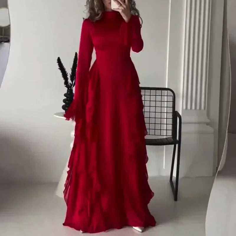 Women High Collar Flare Sleeve Ruffles Long Dress Sexy White Long Sleeves Lace-up Slim Dresses Elegant Evening Party Runway Club