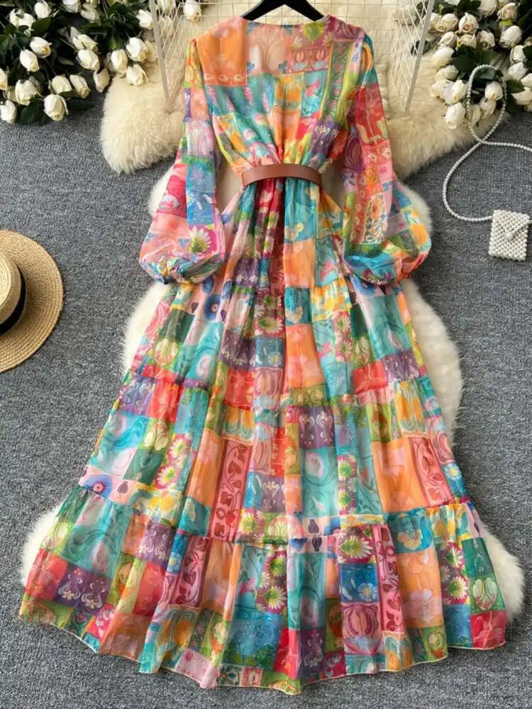 XFPV 2025 Spring New Fashion High-end V-neck Lantern Sleeves High Waist Print Swing Ruffle Edge Chiffon Long Dress Women SM11517