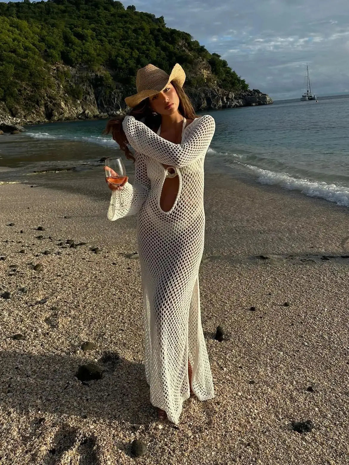 Sexy Cover Up Long Sleeve Long Dress Women Backless Beach Wear Bathing Suit Knitting Swimwear knitted Beach Dress Tunic Robe