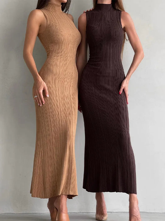 Sexy Women's Knitted Dress 2024 Spring Summer Maxi Turtleneck Sleeveless Sheath Long Dress Slim Party Bodycon Dresses for Women