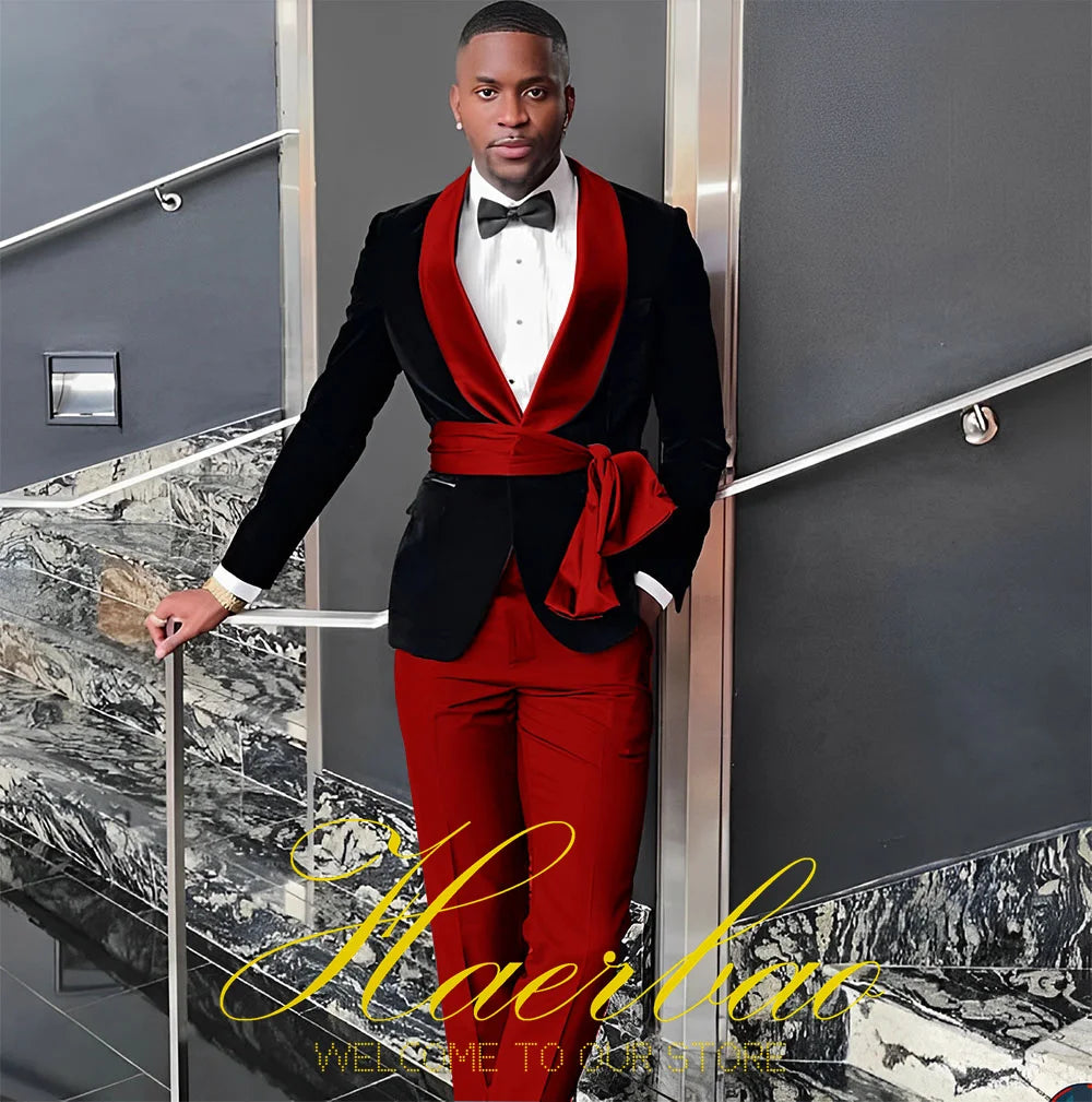 Black Mens Wedding Tuxedo Velvet Suit Two Piece Shawl Collar Jacket Pants Formal Groom Party Blazer