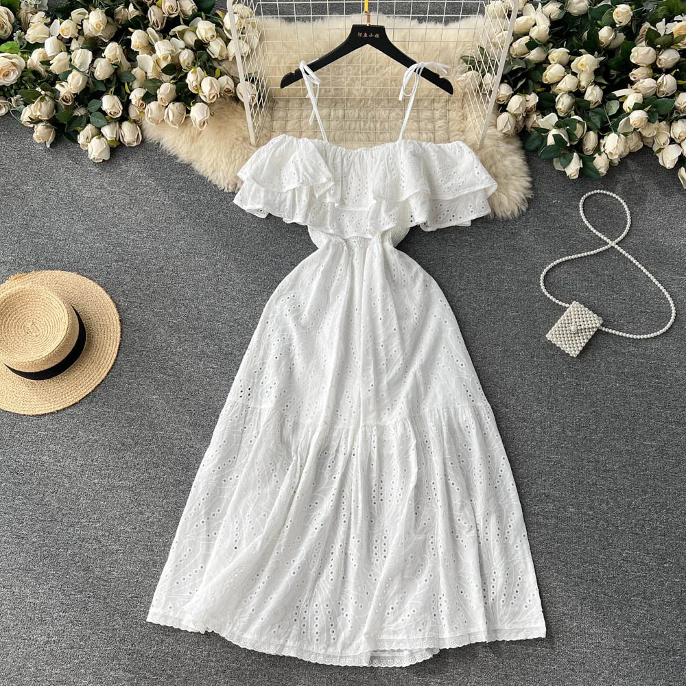 SINGREINY High Street Cotton Embroidery Long Dress Women Hollow Out Backless Beach Sundress Fashion Off the Shoulder Sexy Dress