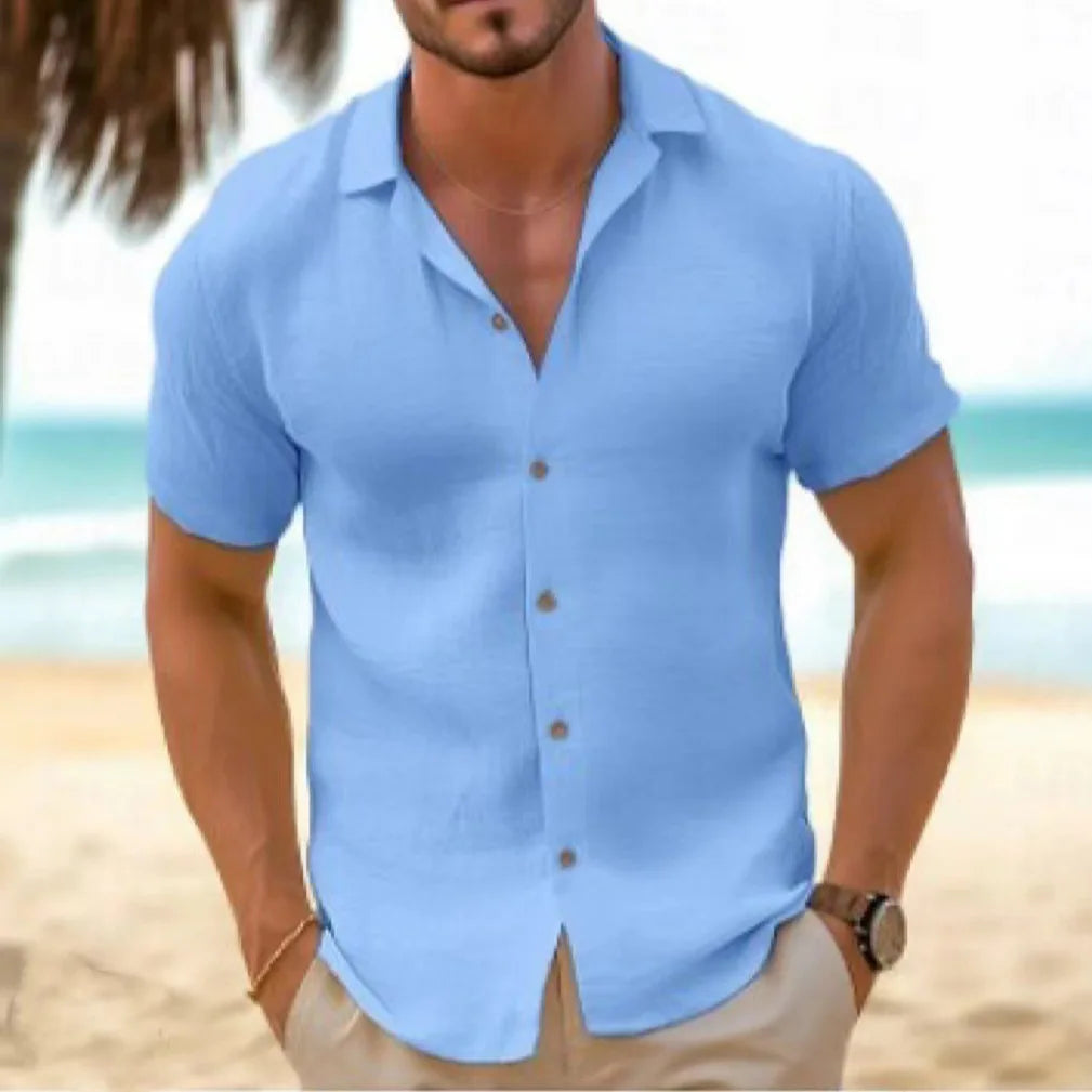 Summer Men's Shirt Short-sleeved Button-down Lapel White Top Casual Simple Black Blouses for Male