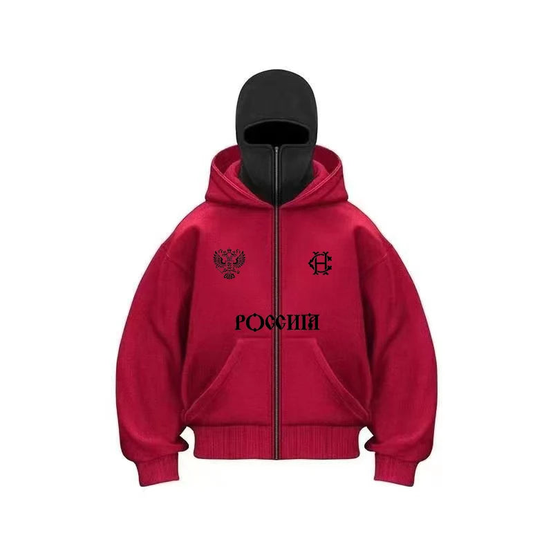 Balaclava Fashion Double Hat Design Hoodie Hop Street Zipper Men's and Women's Gothic Harajuku Sweatshirt