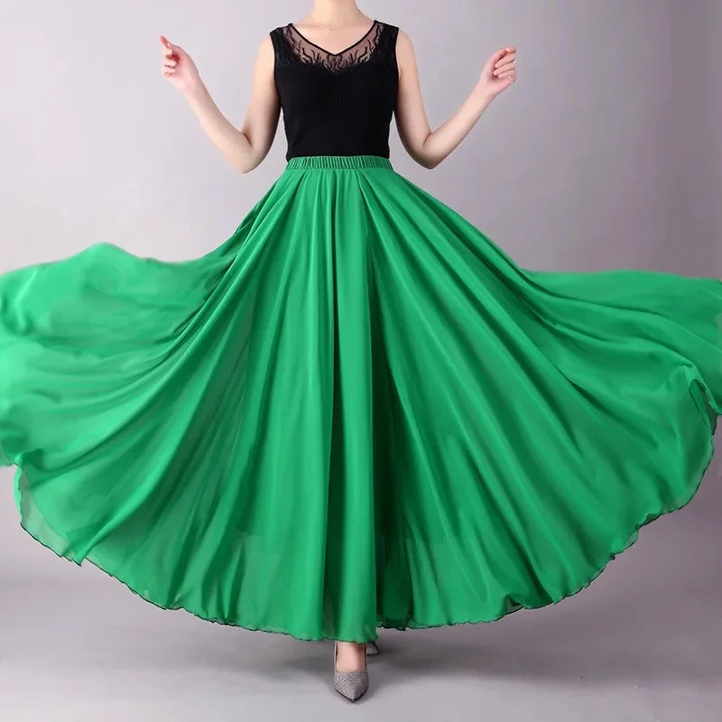 720 Degree Wide Dancing Skirt Chiffon Double Layer Semi-Long Dress Women's Solid Color Xinjiang Dance Skirt