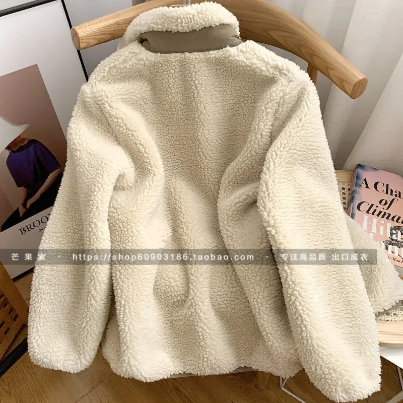Autumn Winter Lambswool Coat Male Loose Windproof Warm Sherpa Stand Collar Polar Fleece Jacket Unisex Simple  Pocket Spliced Top
