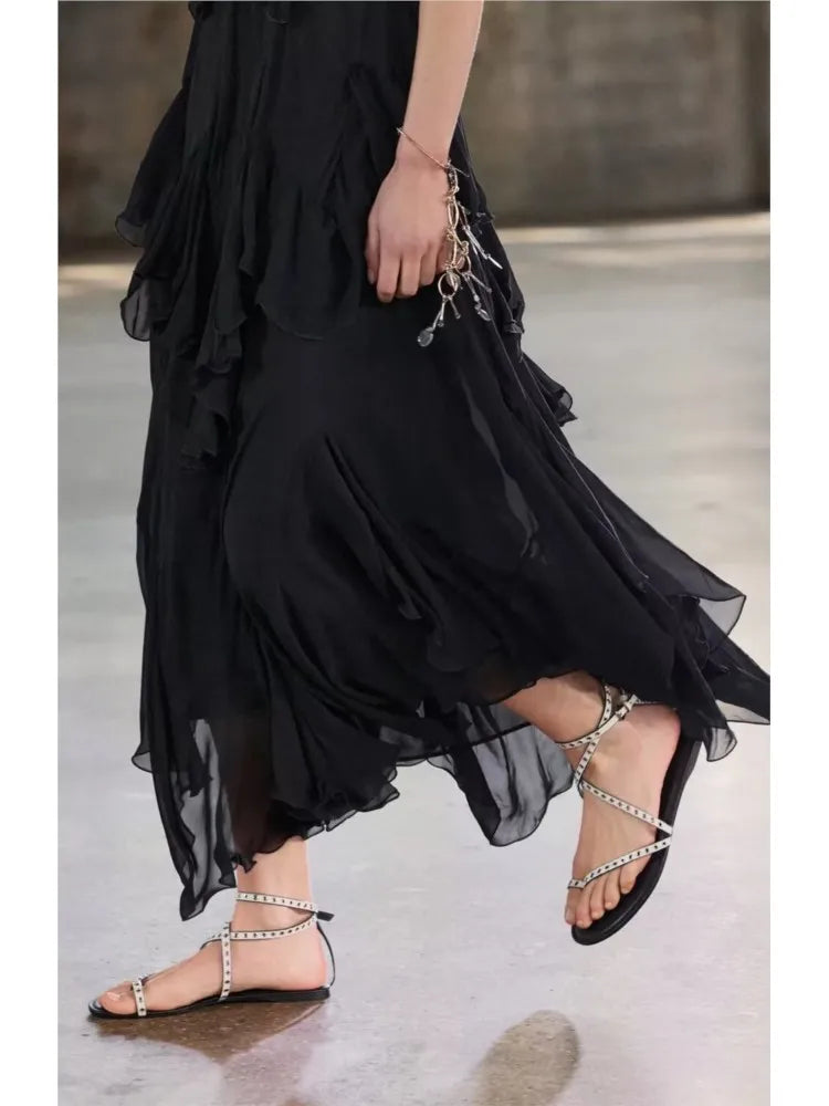 TRAF Tierred Long Dress Women Summer Sexy Backless Sleeveless Female Tulle Lightweight Midi Dresses Female Chic Dresses