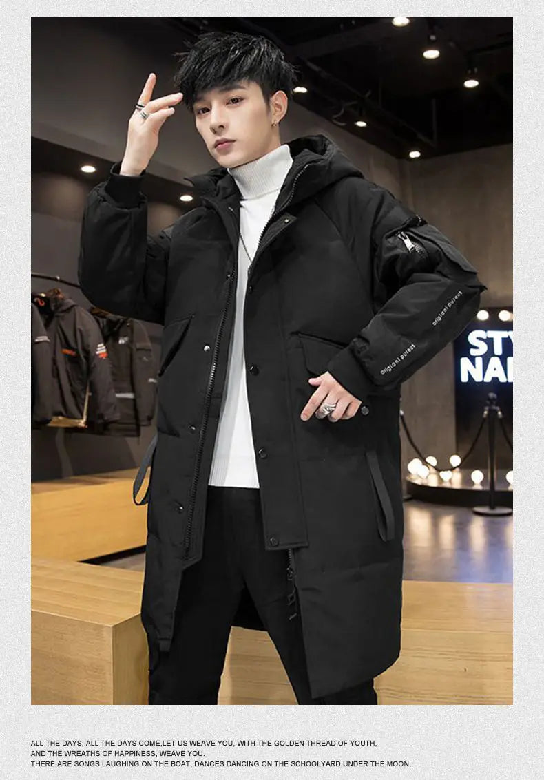 Men's Parkas Hooded New Over-the-knee Overcoat Thickened Mid-length Jacket Zipper Buttons Winter White Duck Down Jackets