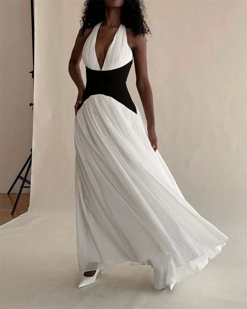 Mozision Halter Deep V Neck Backless Sexy Maxi Dress Women Gown Fashion Patchwork Sleeveless High Waist Club Party Long Dress