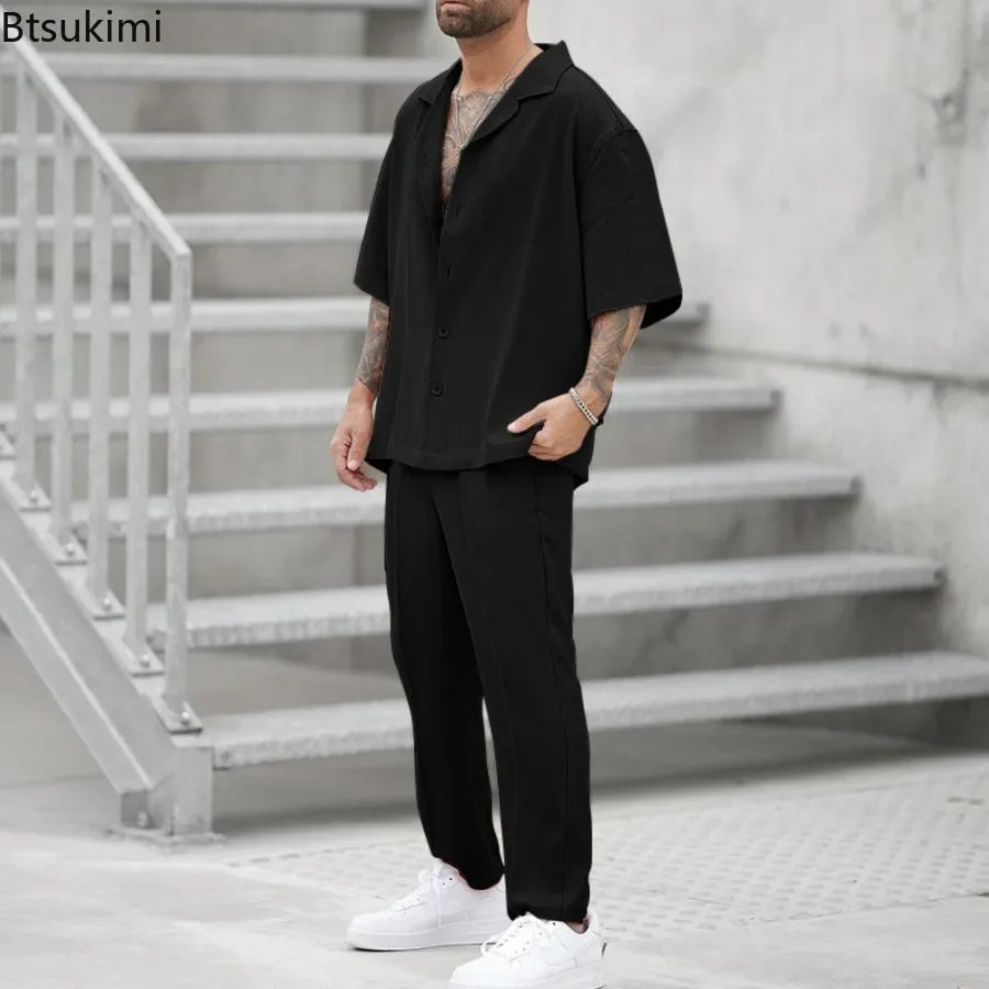 2025 Men's Casual 2PCS Pants Sets Fashion Lapel Shirt Top and Trousers Set Trendy Solid Blazer Pants Two Piece Set Clothing Male