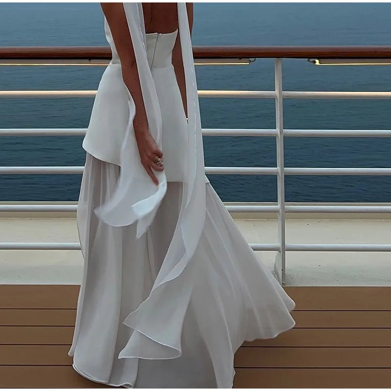 Elegant Yellow Gauze Off Shoulder Scarf Neack Long Dress Women Fashion Sleeveless A-line Vestido 2025 Summer Vocation Party Robe