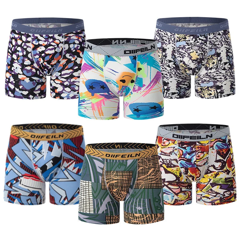 6 Pcs Parent-child Fashion Printed Underwear Men's Multi-size Long Boyshort Teenagers Comfortable And Versatile Elastic Waist S