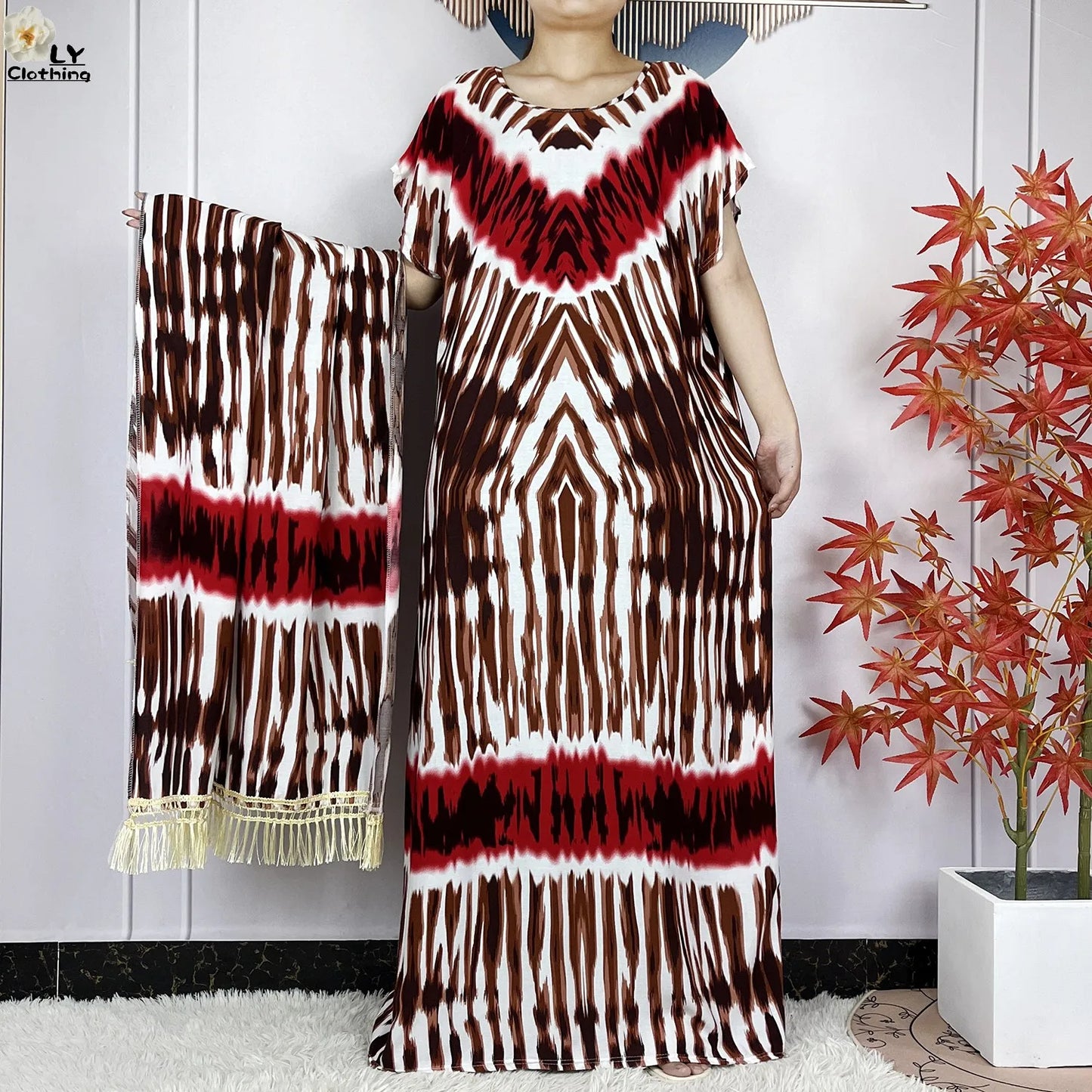 2024 New Style Short Sleeve African Dashiki Tie-dyed Cotton Abaya Caftan Lady Summer Maxi Islam Casual Dresses With Big Scarf
