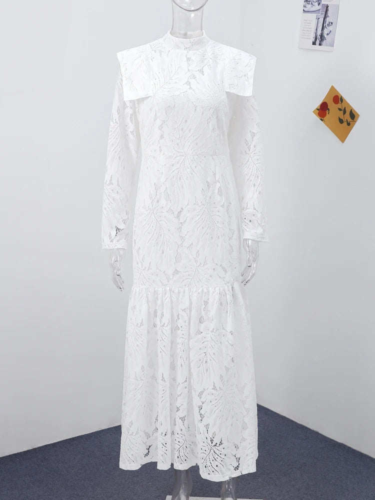 Elegant Lace Hollow Out Long Dress Women High Collar Long Sleeve Slim Solid Dresses 2025 Spring Summer Patchwork Lady Party Robe
