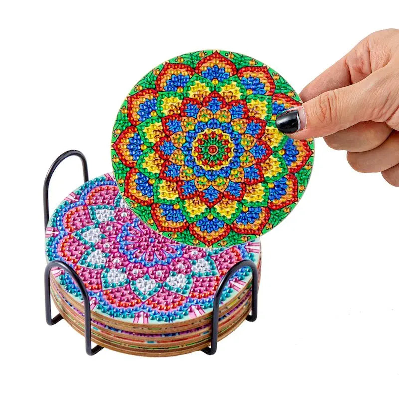 PhotoCustom 6pc/Sets Diamond Painting Coasters 5D DIY Round Diamond Mosaic Mandala Cup Coasters With Holder Kitchen Accessories