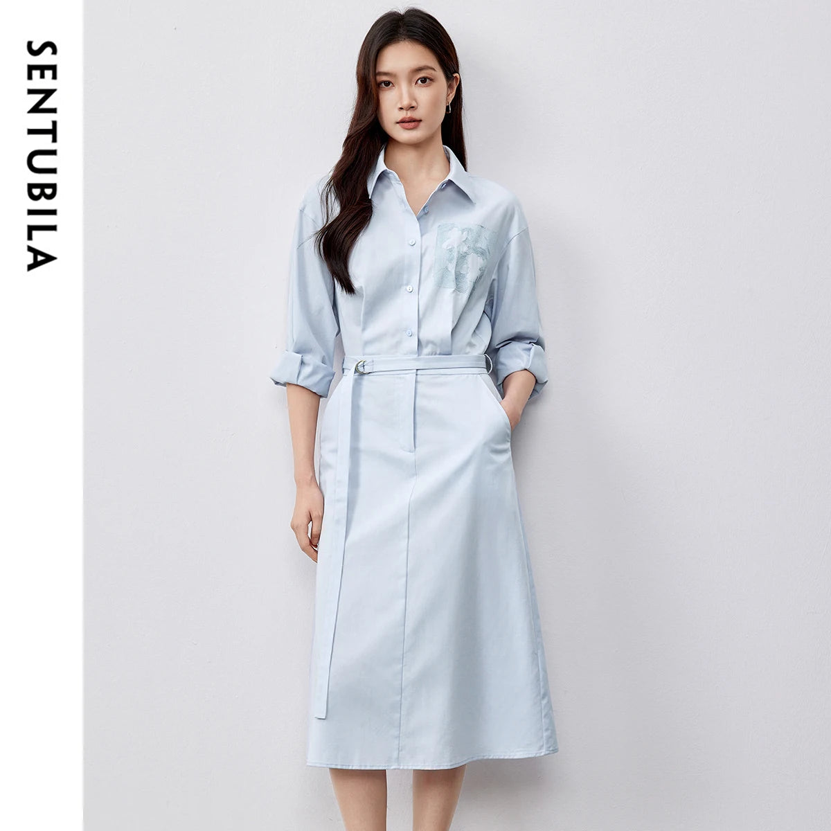 SENTUBILA Lyocell Shirt Dresses Womens 2025 Spring Cotton Embroidery A-line Turn Down Collar Solid Wrap Long Dress 151L58233