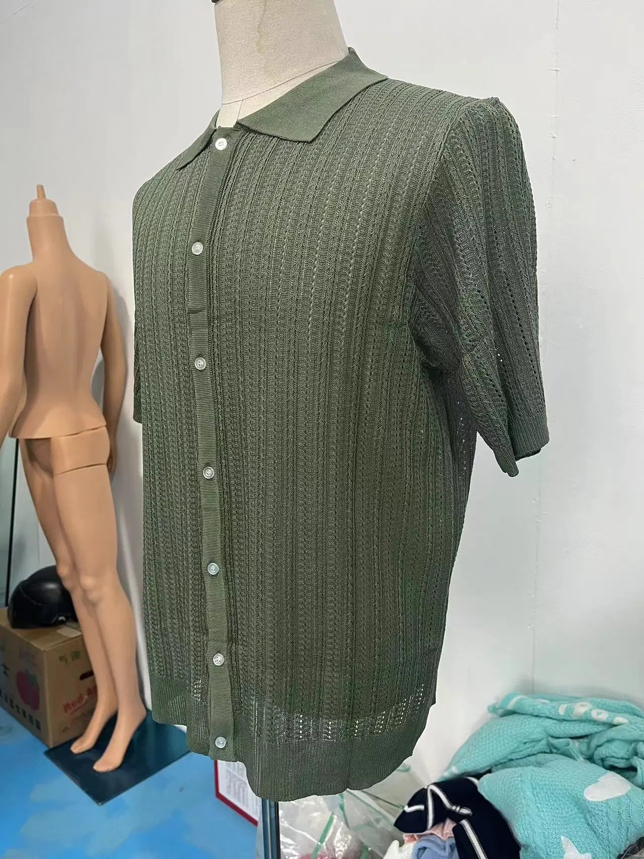 Summer Men's Casual Shirt Breathable Hollow Out Knit Shirt Short Sleeve Lapel Lightweight Top for Men European  American Loose